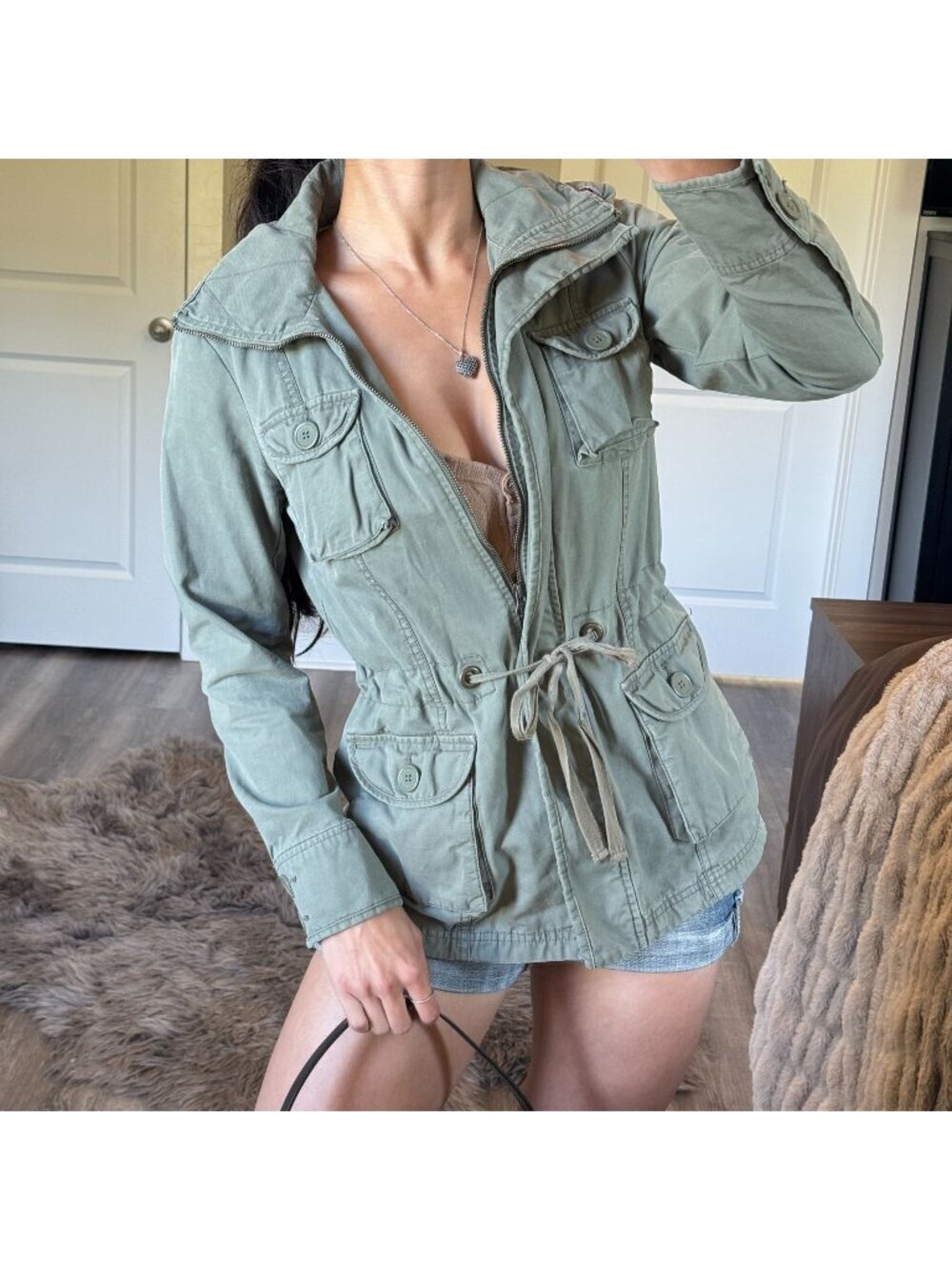 Y2K Gap Sage Green Utility Jacket Womens S Cinched Waist Indie Grunge Chore Coat